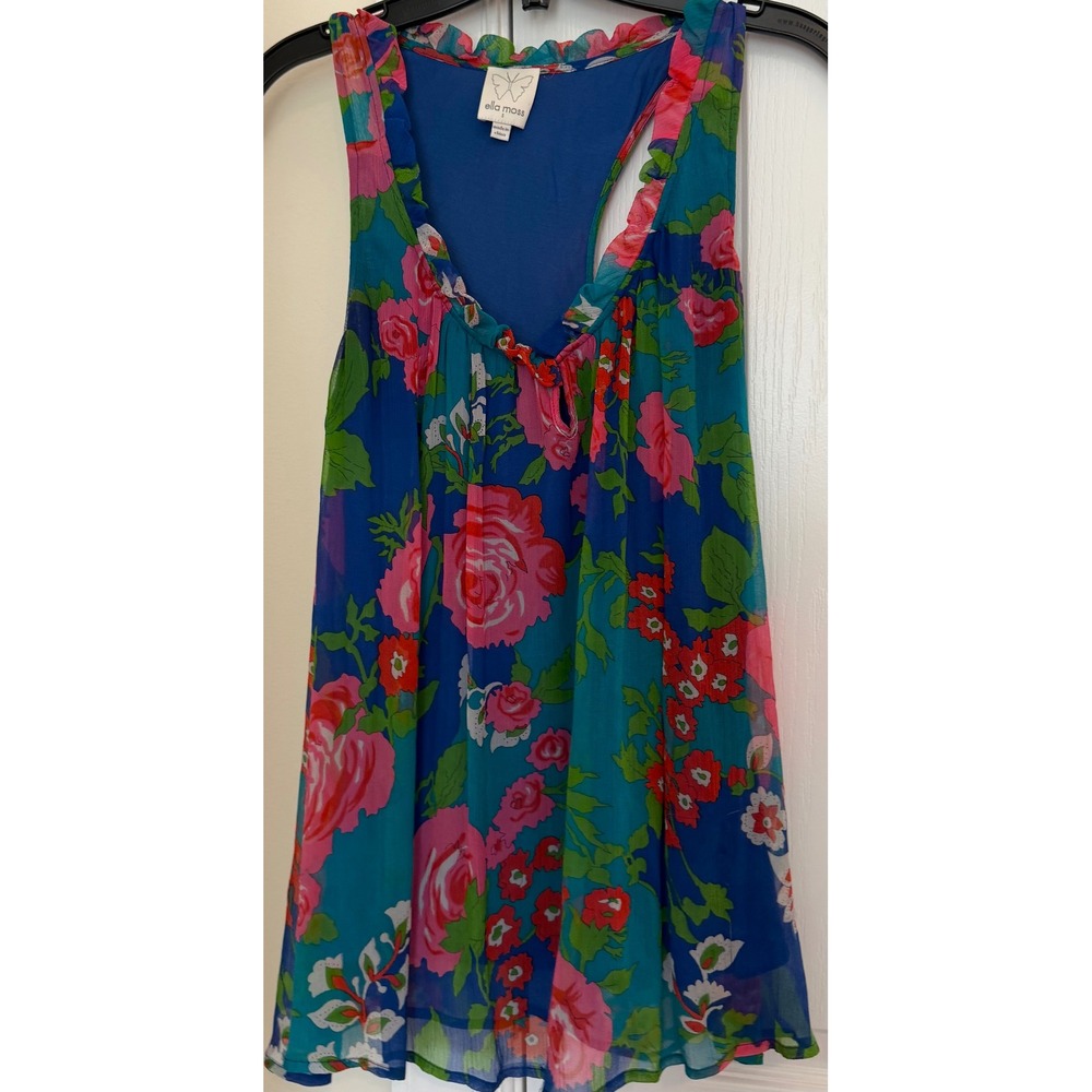 Ella Moss Blue Floral Silk Racerback Tank Top Ruffle Neck Blouse Small